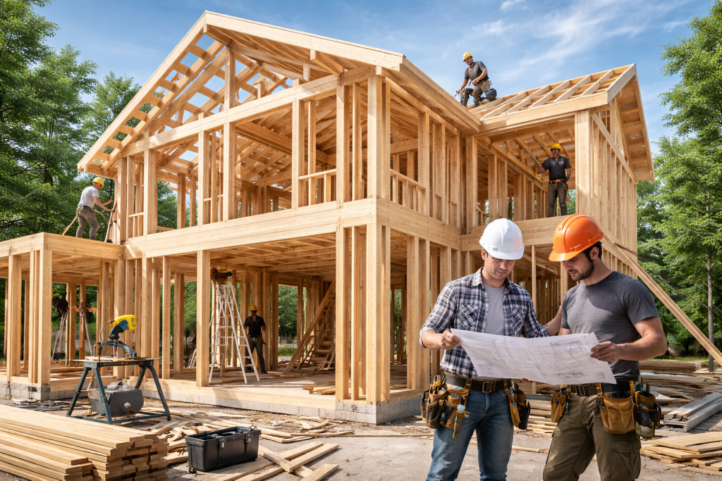 Deux ouvriers casqués examinent des plans devant la charpente en bois d'une maison à deux étages en construction, tandis que d'autres ouvriers travaillent au-dessus.